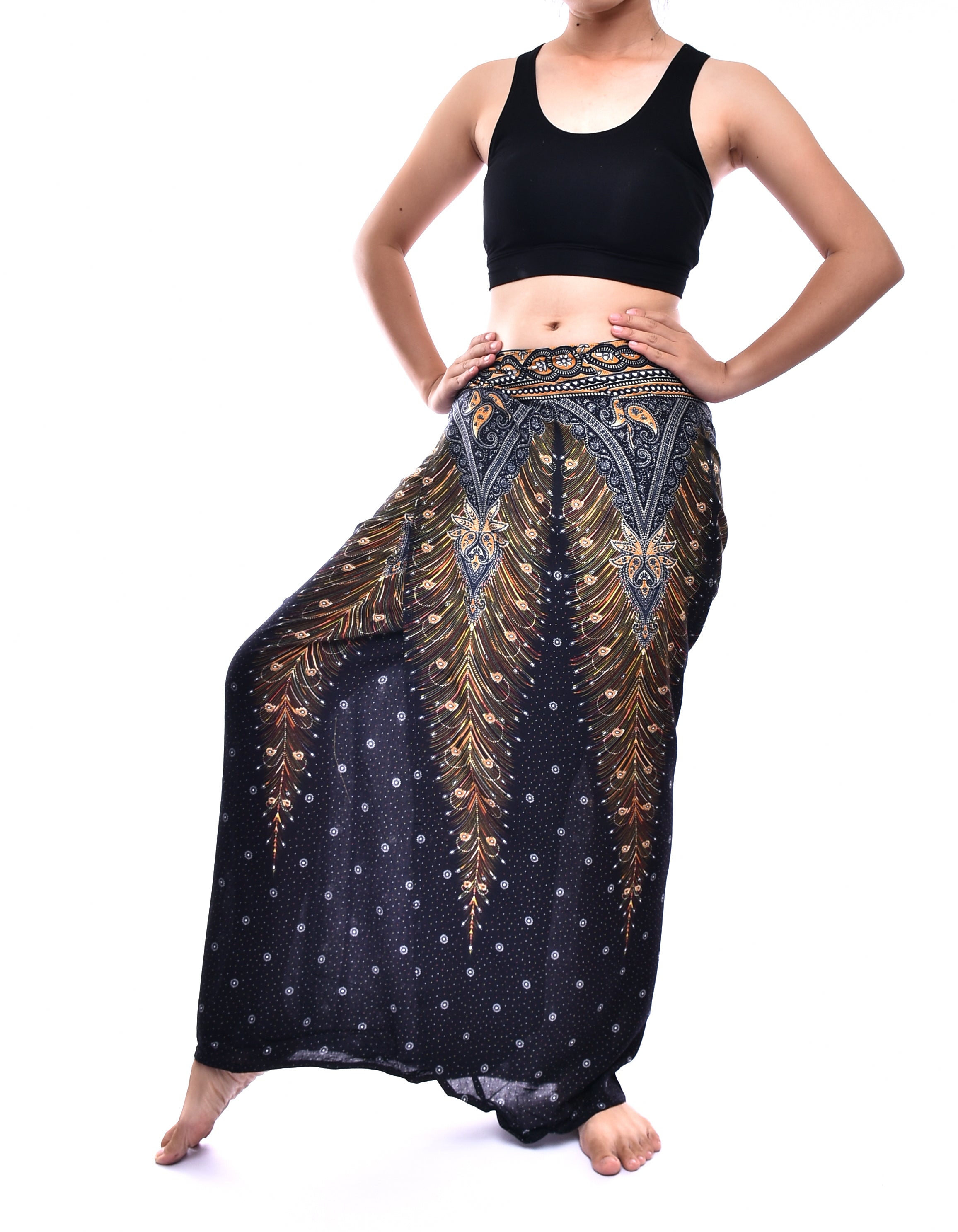 Bohotusk Black Gold Peacock Print Sarong, showcasing vibrant peacock design on soft fabric, perfect for beach or casual wear.